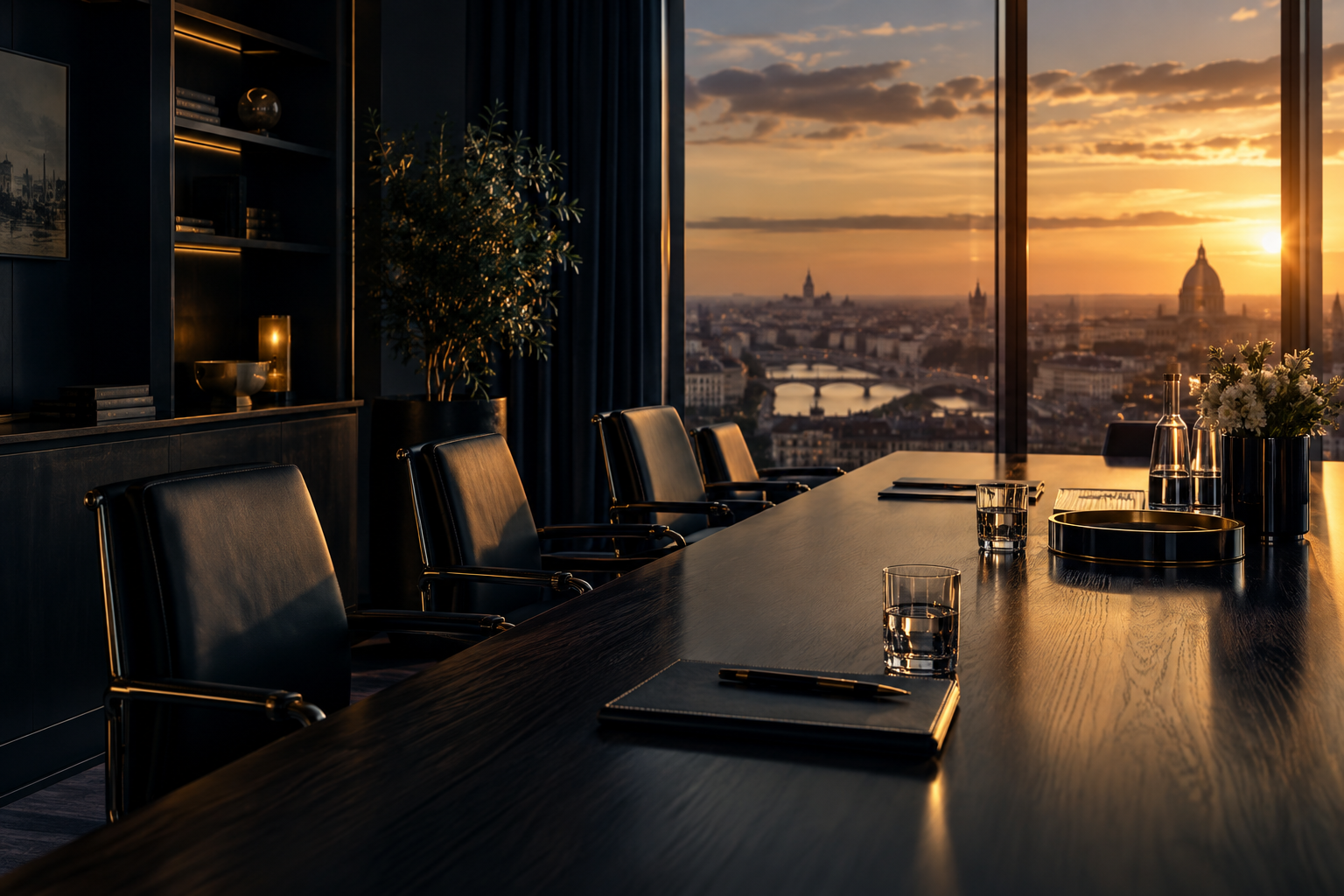 Sala riunioni illustrativa, luce dorata sulla città al tramonto